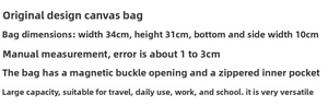 Detailed technical specification diagram showing dimensions 34x31x10cm of the canvas bag
