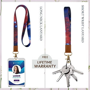 Detailansicht der Galaxy-Polyester-Lanyards mit braunem Leder und goldenem Verschluss