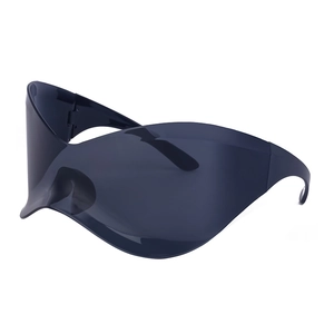 Y2K frameless cycling sunglasses with grey wraparound lenses and futuristic design