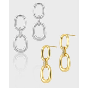 Minimalist S925 sterling silver double-hoop earrings with small diamonds and mirror reflection