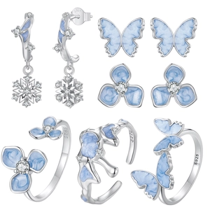 925 Sterling Silver Snowflake Butterfly Flower Jewelry Zirconia Enamel Stud Earrings Drop Earrings Open Ring For Women Elegant Winter Accessories