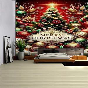 Macro detail of Christmas wall tapestry featuring decorated tree and festive red background