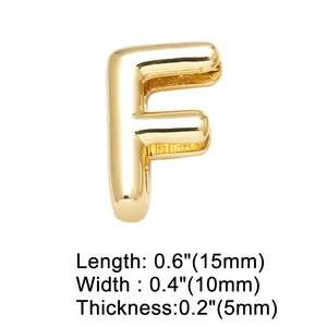 Close-up of gold-plated letter F charm with 15x10mm dimensions and high-polish finish