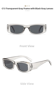 Detail view of transparent grey square sunglasses with wide temples and dark grey lenses