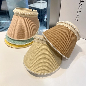 Straw open top sun hat with pearl trim in various colors for women and kids
