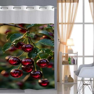 Close-up of waffle shower curtain with red cherry print and metal ring grommets