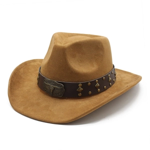 Ethnic brown suede western cowboy hat featuring decorative rivet band and bull head emblem