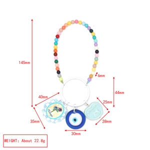 Detailed dimensions of Evil Eye and blue bear charms on beaded keychain strap