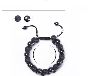 Detail of 10mm lava stone and hematite beads with adjustable woven cord