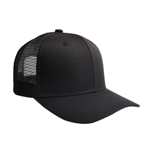 Classic black trucker hat with cotton front and breathable mesh back in side view angle