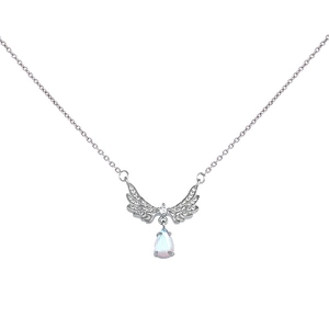 Angel wing necklace with light blue teardrop stone and moonstone pendant in silver