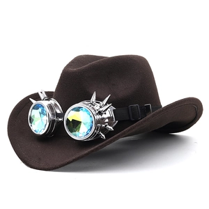 Detail of steampunk western cowboy hat with spiked silver goggles and blue lenses