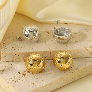 Boucles d'oreilles sphériques en acier titane doré et argenté avec des strass fins