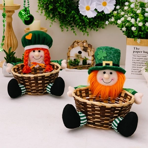 Detailed view of Saint Patrick's Day doll candy baskets with woven bamboo and shamrock decor