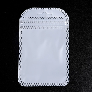 Close-up of translucent plastic packaging bag with white grid edges and hanging hook
