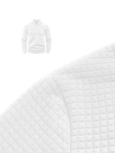 Detailed view of white waffle knit fabric and two-button stand collar on men sweater