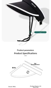 Detail view of black sun visor with UPF 50+ rating, wide brim and adjustable wind rope