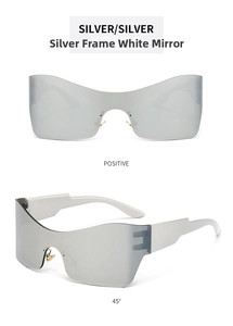 Close-up of rimless silver Y2K wrap around sunglasses from front and 45-degree angles