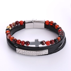 Bracciale multistrato in pietra occhio di tigre e pelle nera con croce e chiusura magnetica