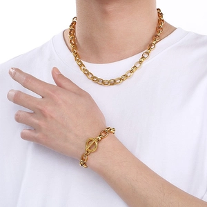 Golden titanium steel jewelry set with 10mm chunky chain necklace and OT clasp bracelet