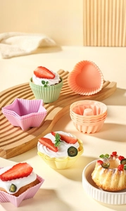 Macro detail of multicolored food-grade silicone molds for steaming and baking cakes
