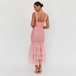 Pink sleeveless mermaid dress with tulle ruffled layers and back zipper closure