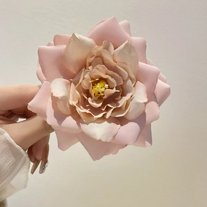 Sweet light pink artificial rose flower hair claw clip with realistic fabric petals