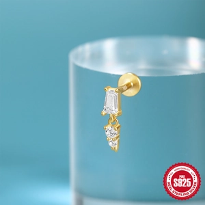 S925 sterling silver gold plated stud earring with sparkling rectangular and round zircons