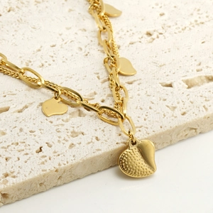 18k gold plated stainless steel double chain bracelet with textured heart charms