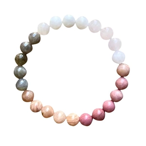 Macro detail of 8mm natural stone beaded bracelet with gradient multicolor polished beads