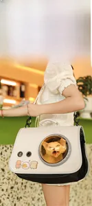White portable pet carrier bag with cartoon food prints and round transparent space capsule window