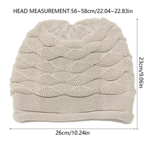 Detailed dimensions of the beige knitted beanie showing size 56-58cm for casual wear