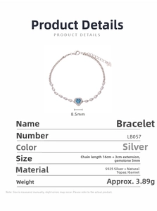 Detailed specifications of S925 silver heart bracelet with blue topaz and garnet