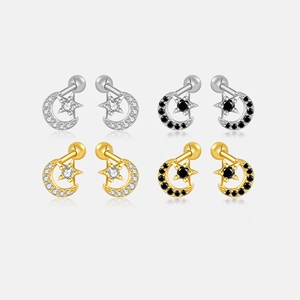 Star Moon Stud Earrings 925 Sterling Silver Cubic Zirconia With Screw Ball Back Elegant For Women