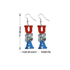 Detailed view of USA letter acrylic earrings showing 71.89mm length and 20.00mm width