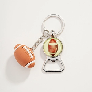 Metal beer bottle opener keychain with glass dome football print and 3D rugby ball charm