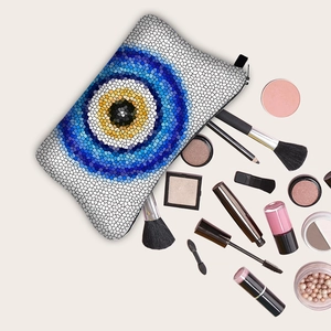 Portable Evil Eye makeup bag with mosaic print and zipper closure for travel storage