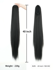 Detailed view of 40-inch long straight ponytail extension with drawstring net and 220g weight