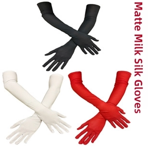Detailed view of matte milk silk long gloves in black white and red with pleated wrist