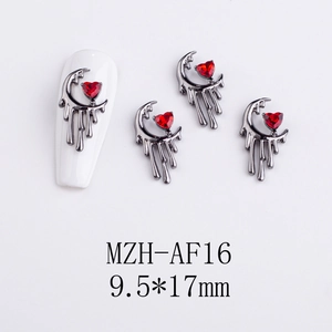 Gothic alloy nail art charms featuring crescent moon and red heart crystal drops