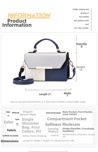 Detail view of tri-color flap bag with 21x7x13cm dimensions and internal structure