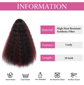 Detailed chart for a 16-inch curly black-red ombre ponytail showing hair care instructions