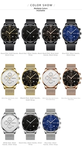 Grid view of Geneva men's watches with Roman numerals and Milanese mesh steel bands