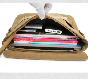 Macro shot of khaki canvas shoulder bag interior showing laptop and notebook storage space
