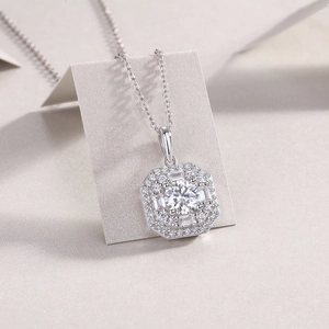Macro view of octagonal laboratory diamond pendant with pavé setting in S925 sterling silver