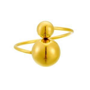 Minimalist gold plated stainless steel open ring with dual polished metal spheres