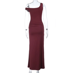 Detail view of burgundy one-shoulder maxi dress with side ruching on a mannequin