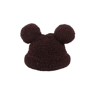 Cute kids winter fuzzy beanie with mouse ears in dark brown plush fleece fabric