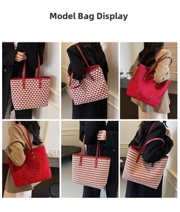 Collage of large tote bags with red houndstooth and floral patterns on models