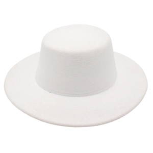 Classic white wool felt flat top boater hat with wide brim in a minimalist retro style